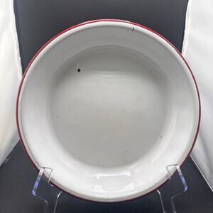 Vintage White Red Rim Enamelware Dinner Plate Farmhouse Camp Rustic 9.25 Inches